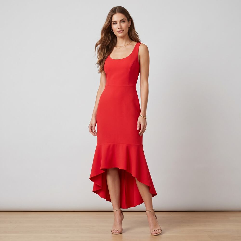Laundry by Shelli Segal Red High Low Ruffle Midi Dress Scoop Neck Sz 4